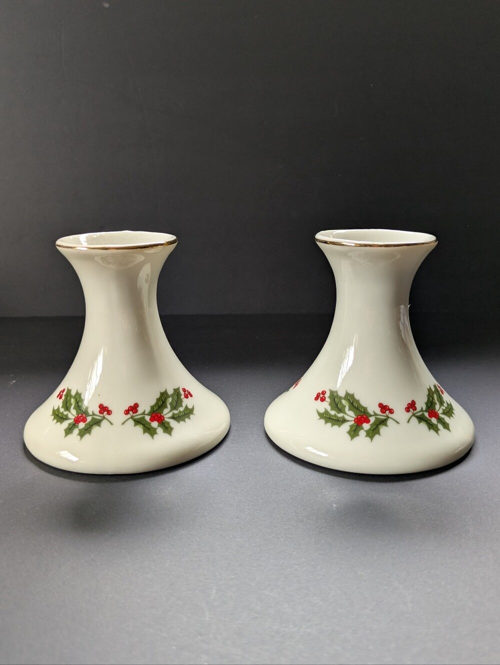 Pair Christmas Holly Candle Holders Fine Porcelain Japan Festive Holiday Decor